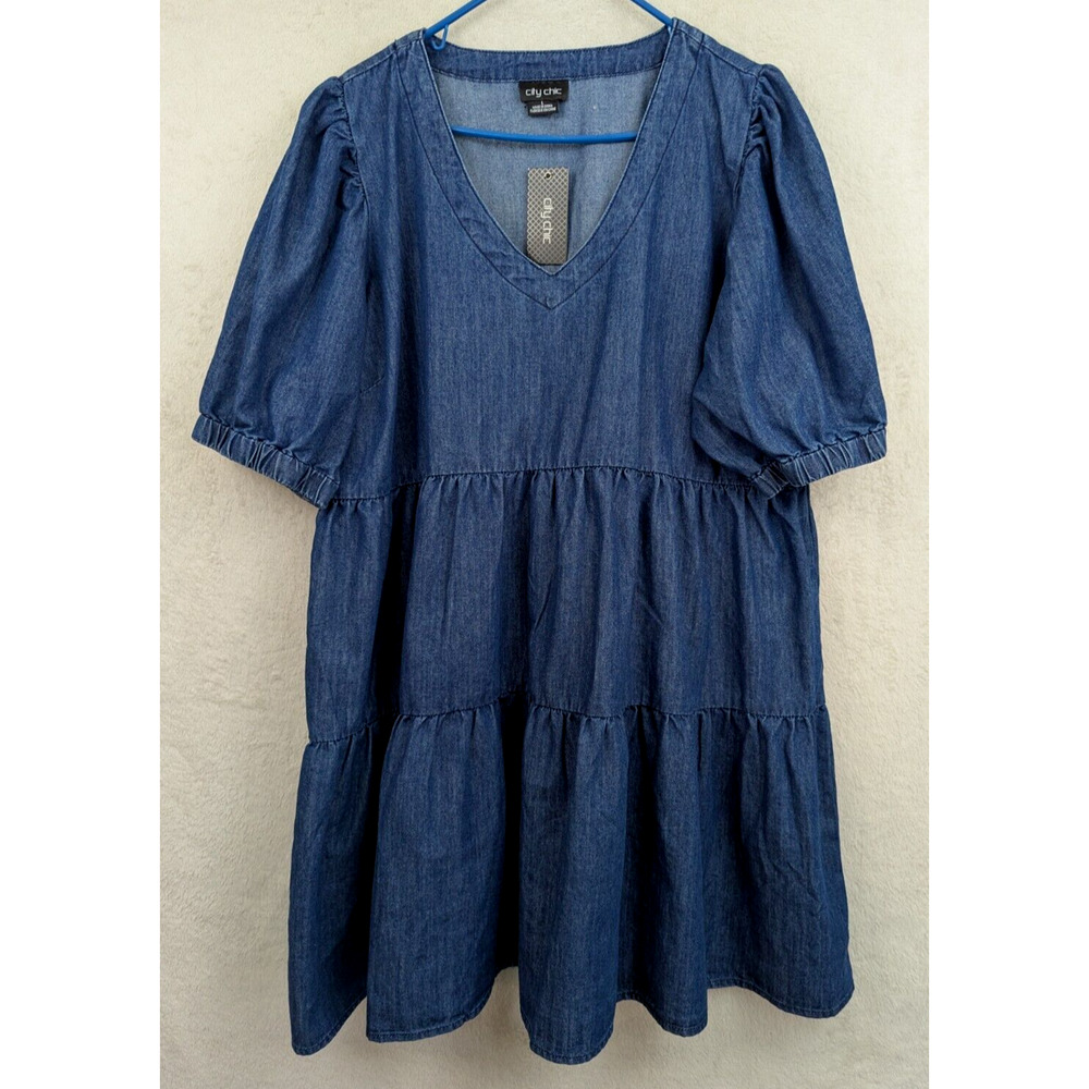 City Chic Indigo Denim V-Neck Tiered Midi Dress